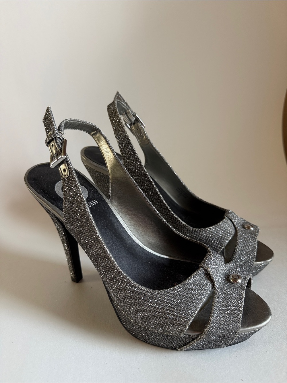 Guess Cathy3 Silver Glitter Peep-Toe Slingback Heels